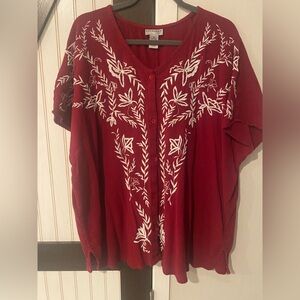 Catherines Button Cap Sleeve Blouse Red Gauzy White Embroidery 3X